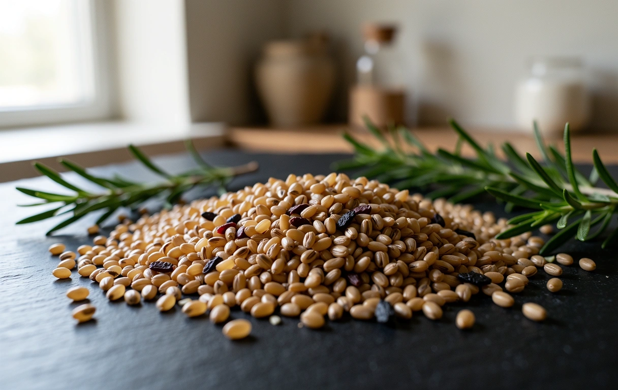 Texture di ingredienti biologici e grani antichi su superficie in pietra
